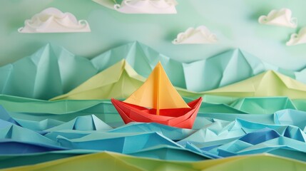Obraz premium A colorful paper boat sailing on a stylized ocean with mountains and clouds in the background.