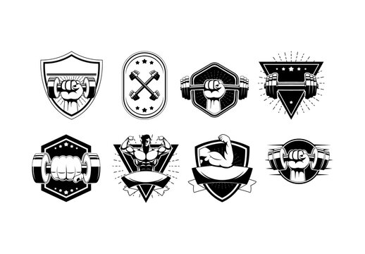 Black And White Muscular Fitness Logo Icons Set