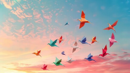 A vibrant display of colorful origami birds soaring against a pastel sky at sunset.