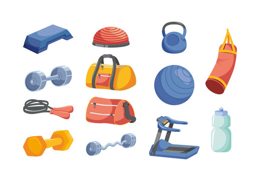 Colorful Flat Gym Workout Equipment Illustration Set