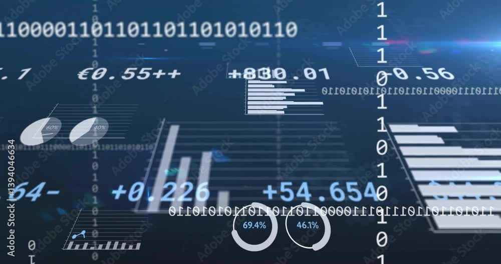 Poster digital data and statistics animation over bar graphs and binary code