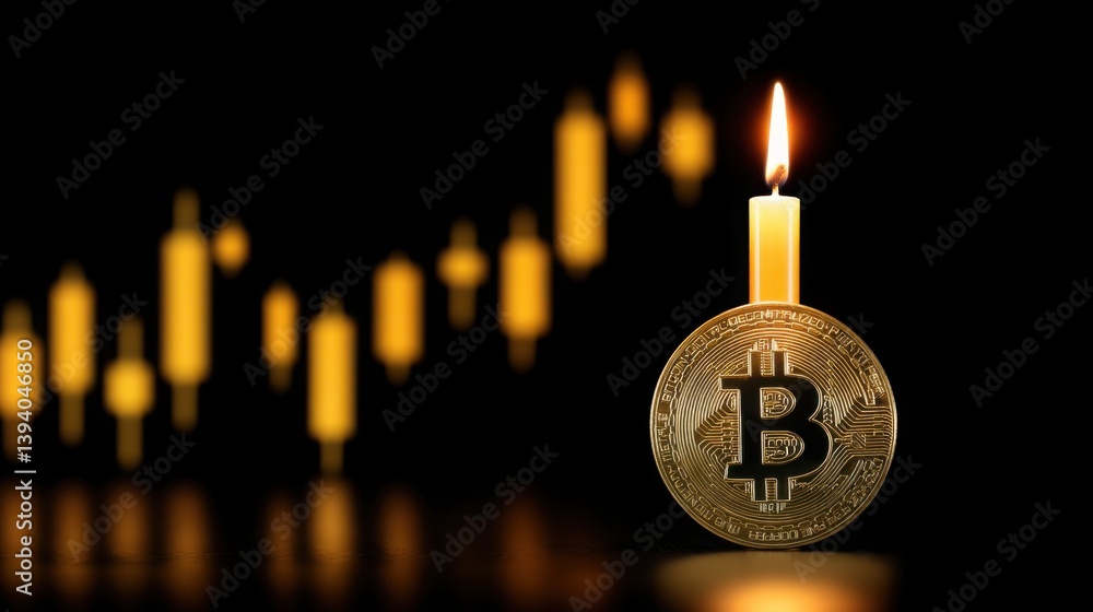 Poster illuminated bitcoin coin with candles in background creating a captivating atmosphere for cryptocurr