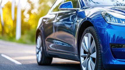 Sleek Blue Electric Car Driving on a Sunny Roadside with Wind Turbines in the Background