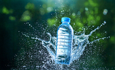 A bottle of water or mineral water with splash of water around on a blue background,health care concept.
