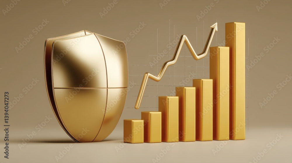 Poster sturdy golden shield next to a bar chart symbolizing bitcoin inflation shield alongside a gold graph