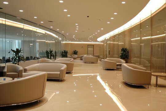 A sophisticated corporate lounge featuring elegant curved seating, wide glass panel doors, warm recessed lighting, smooth polished floors with tactile guidance features