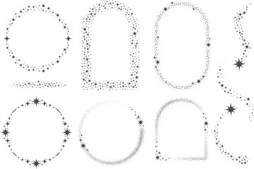 Magic frame with stars with ornament. Vector celestial border elements. Round and arch decorative vintage elements. Abstract cosmic shapes with glowing sparkles.