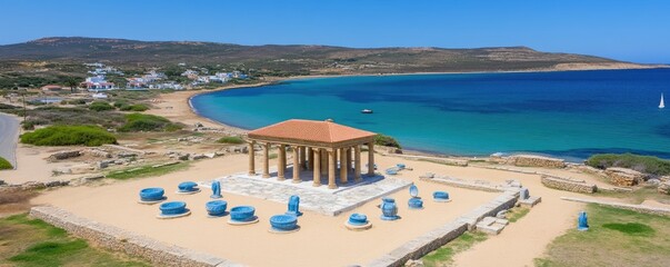 Obraz premium Pavilion overlook ruins meet sea, coastline background