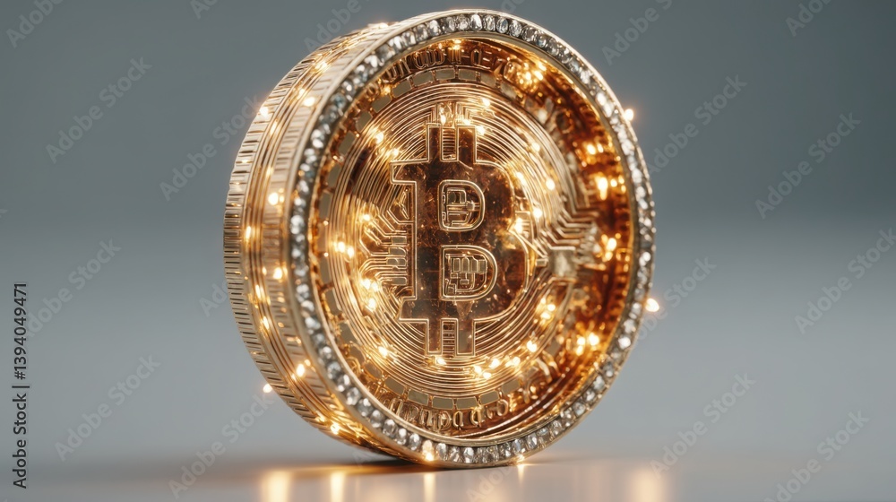 Poster intricate bitcoin coin design with layered gold structure representing digital currency and financia