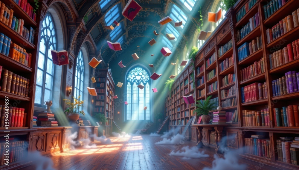 Poster a fantasy library with floating books in various bright colors and ethereal lighting.