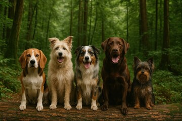Diverse dogs sitting forest