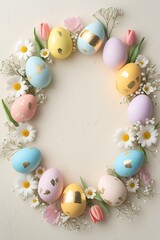 Vibrant Easter Wreath - Pastel Painted Eggs, Tulips, and Daisies with Golden Accents for Festive Spring Holiday Decor and Seasonal Creative Designs