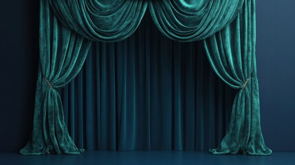 A classic 3D theatre curtain in deep green velvet, set against a plain dark blue background 