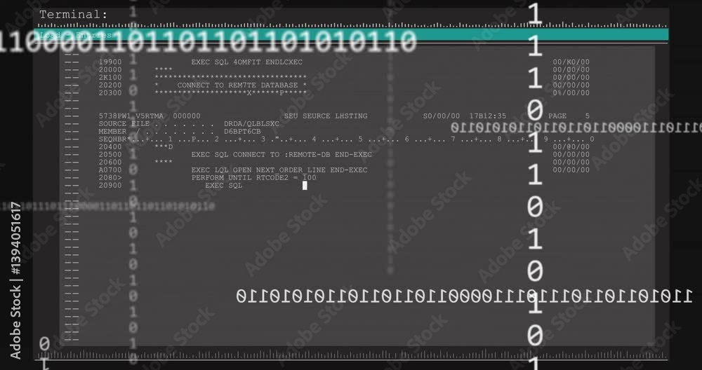 Poster Animation of binary code and database commands on screen with technical interface