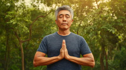 Mature Man Meditating in Nature – Ideal for Mindfulness, Balance, and Mental Health Ads