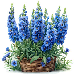 Delphinium bouquet in a basket, watercolor illustration, isolated on a white background.

