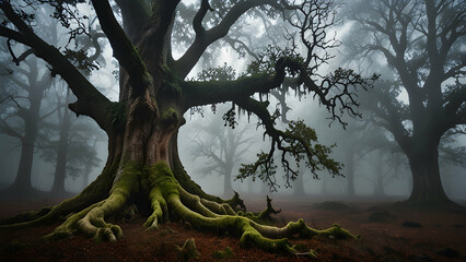 Mystical Forest A Towering Tree Amidst a Foggy Wilderness