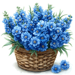 Delphinium bouquet in a basket, watercolor illustration, isolated on a white background.

