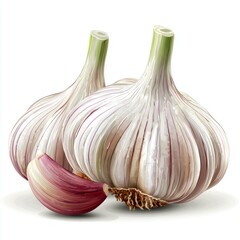 Obraz premium Two Heads of Garlic and a Clove: A Vibrant Still Life of Fresh, Organic Garlic Bulbs, Ready for Cooking or Culinary Use.