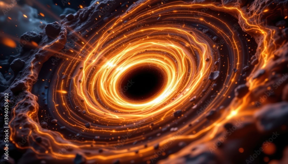 Poster an artistic interpretation of an accretion disk spiraling around a black hole, glowing with fiery co