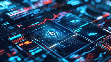 Cryptocurrency market data display.  Digital dashboard with Bitcoin symbol.  Dynamic visual of financial information