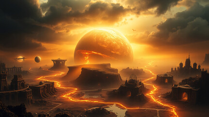 Obraz premium The Earth’s broken surface glows beneath drifting land, while ruined architecture crumbles into molten gorges.