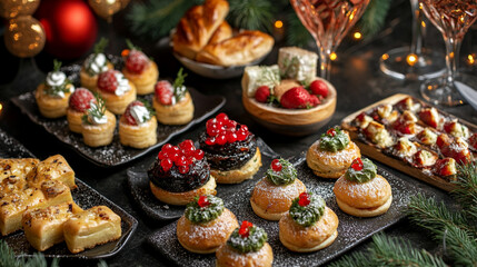 Festive holiday table with assorted appetizers and drinks for a christmas celebration event