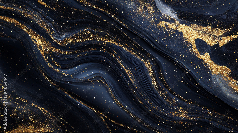 Poster abstract dark blue and gold swirling pattern with glitter creating a luxurious background effect