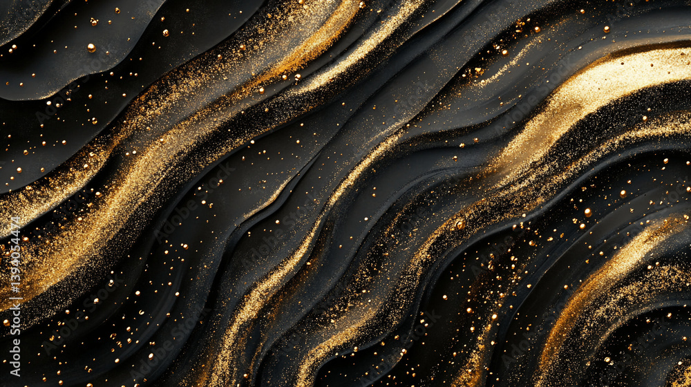 Aufkleber abstract black waves with gold glitter and dots creating a luxurious and elegant background texture