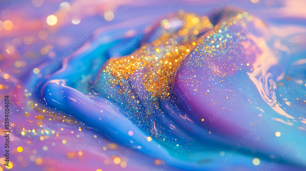 Poster close up of textured iridescent surface with gold glitter and bokeh light effects in soft focus