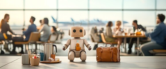 Friendly robot in airport cafe