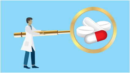 Man looking at pills in big magnifying glass. Dimension 16:9. Vector illustration.