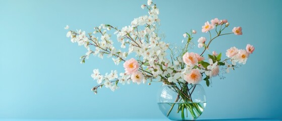 Floral arrangement of white blossoms and peach roses in a clear glass vase against blue background