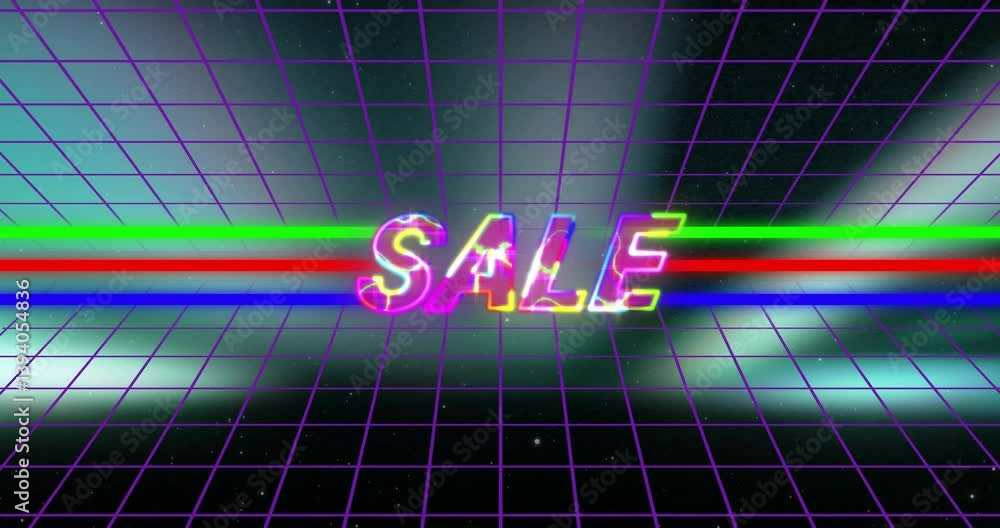 Poster glowing neon sale text on retro grid background with animation effects