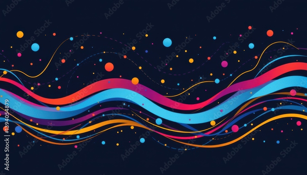Poster a cheerful design featuring colorful linear waves and dots, representing movement and excitement in 