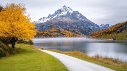 Mountain Lake Autumnal Scenery High-Definition Landscape Photography Wide Panoramic View Serene Fall Vista Peaceful Mountainous Background Cool Misty Tones Ideal for Travel Brochures