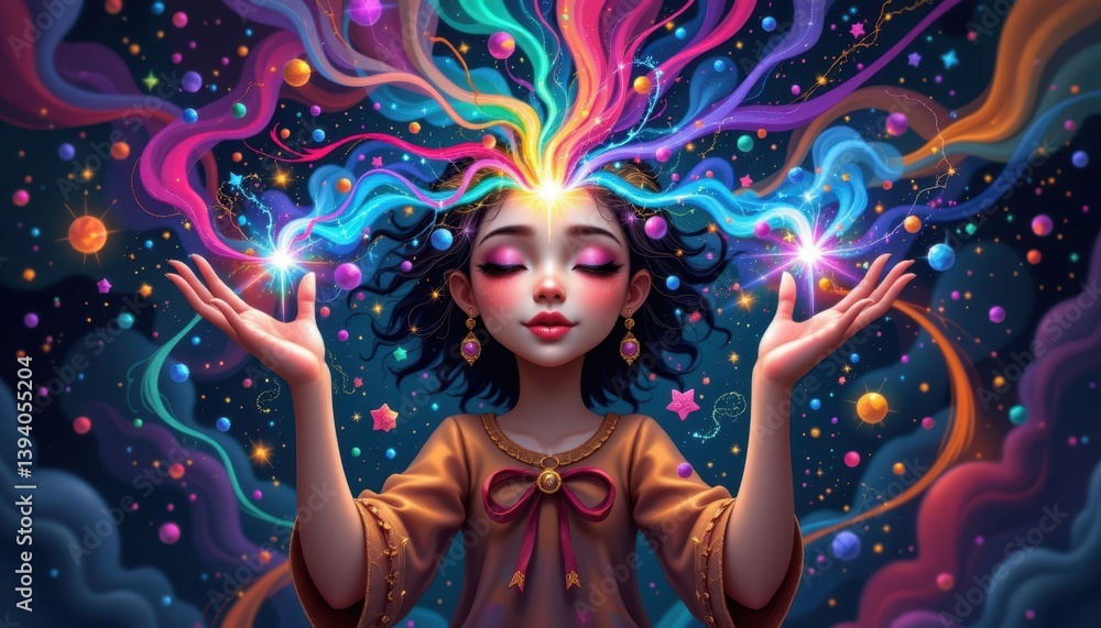Poster a whimsical portrayal of a character creating a colorful galaxy with her hands, representing imagina