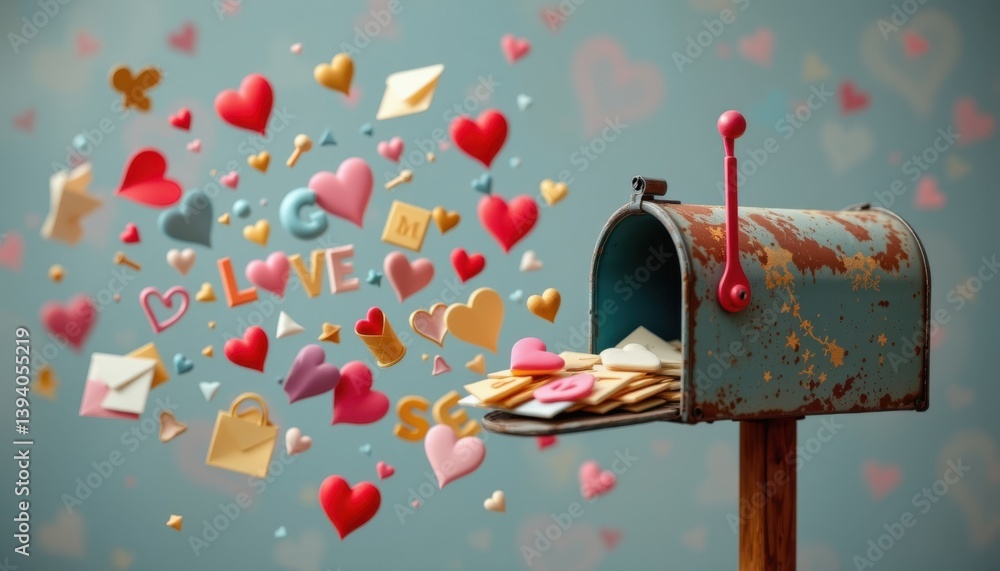Aufkleber a playful composition where the letters coming out of a mailbox form words of love and connection in