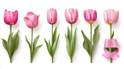 Row of Pink Tulip Flowers with Green Stems and Leaves on White Background