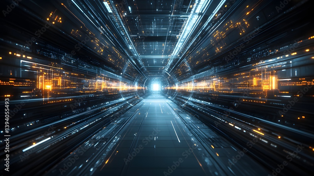 Poster futuristic tunnel featuring glowing lights and data streams flowing ahead