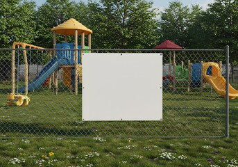 Blank White Advertising Banner Mockup Secured to a Chain-Link Fence at an Open Outdoor Playground