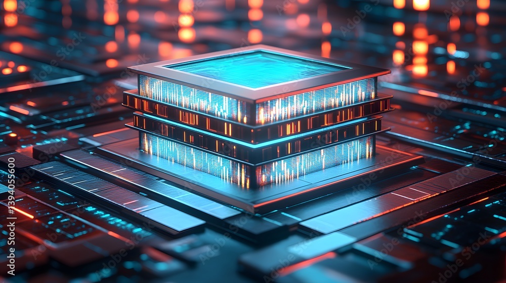 Poster a stylized representation of a futuristic computer processing unit