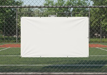 Blank White Advertising Banner Mockup Secured to a Chain-Link Fence at an Outdoor Sports Court