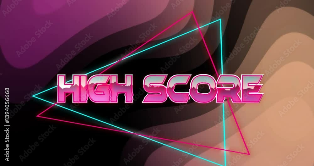 Poster animation with neon triangles and high score text on abstract wavy background