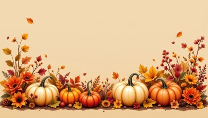 A charming arrangement of seasonal flowers such as pumpkins and autumn leaves, creating a cozy fall themed border.