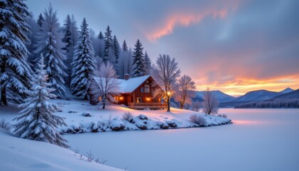 A peaceful winter landscape with a cozy cabin surrounded by snow covered trees and a frozen lake.