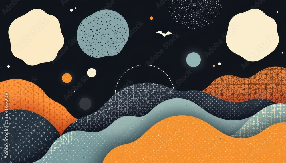 Poster layered shapes with stippled and dashed patterns in a modern style.