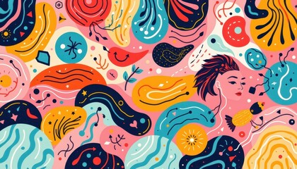 A combination of swirling lines and geometric patterns in a cheerful tone.