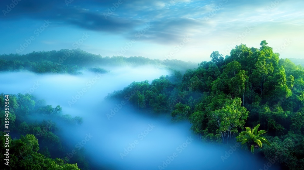 Poster a dense blue fog descending on a dense forest, with the mist shrouding the trees and creating an eer