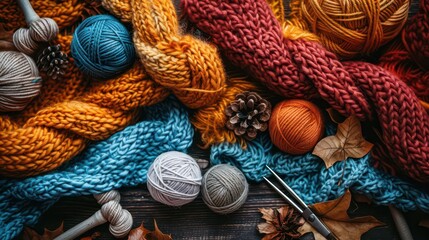 A cozy arrangement of colorful yarns, knitted fabrics, and natural elements for crafting.